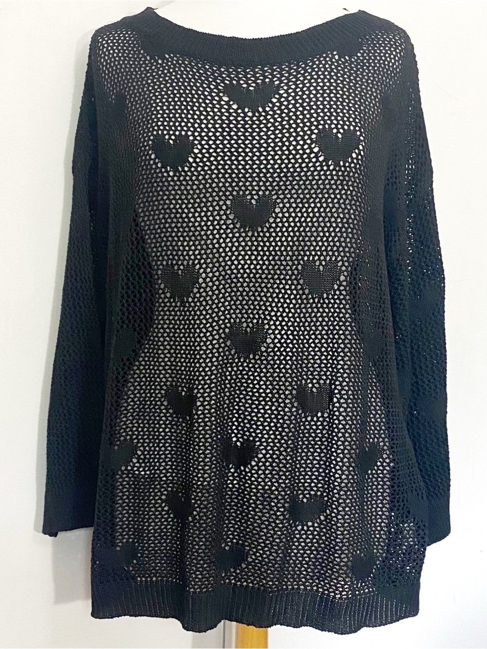 SHEIN Black Open-Knit Heart Print Soft Pullover Sweater 3X